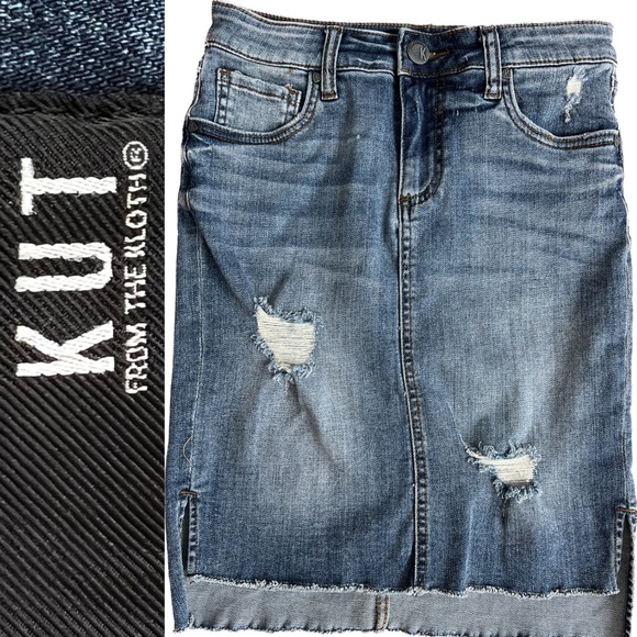 KUT from the Kloth Connie Skirt High Low Fray Hem Denim Jean Skirt Size 00 - Picture 2 of 16